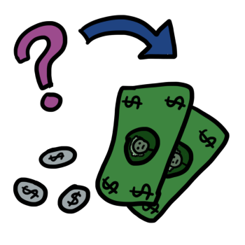 two green dollars and three gray coins with the dollar sign are pointed at by a blue arrow and a purple question mark